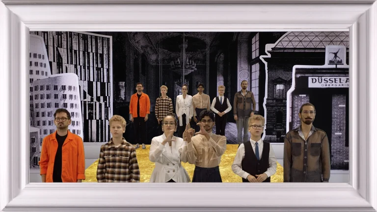 A still from the film: the actors stand side by side and look into the camera. The background consists of buildings arranged in a collage-like manner.