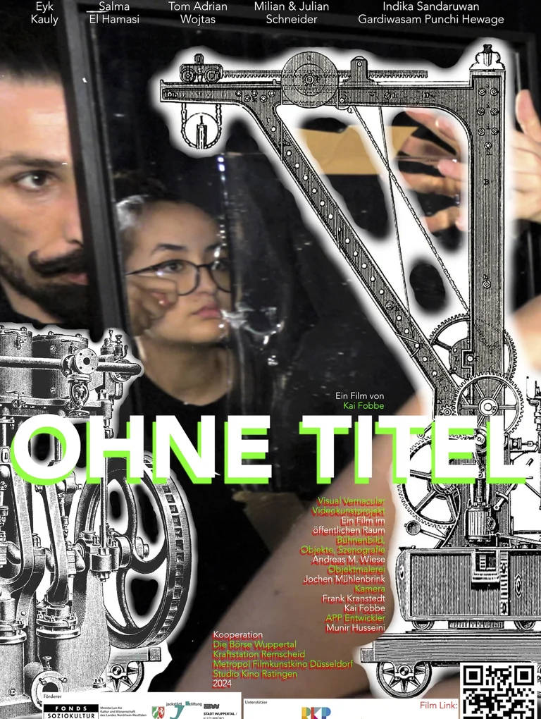Movie poster for the film “Untitled.” It depicts two actors and drawings of industrial machinery.