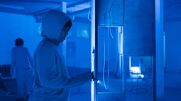 A boy wearing a hood shines a small torch in a dark room.