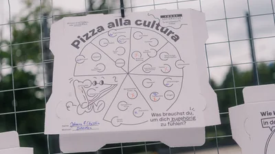 Gestalteter Pizzakarton mit der Frage: Was brauchst du, um dich zugehörig zu fühlen? Auf dem Karton sind verschiedene "Pizzazutaten" wie Respekt, Vertrauen oder gute Bäckerei, die angekreuzt werden können.